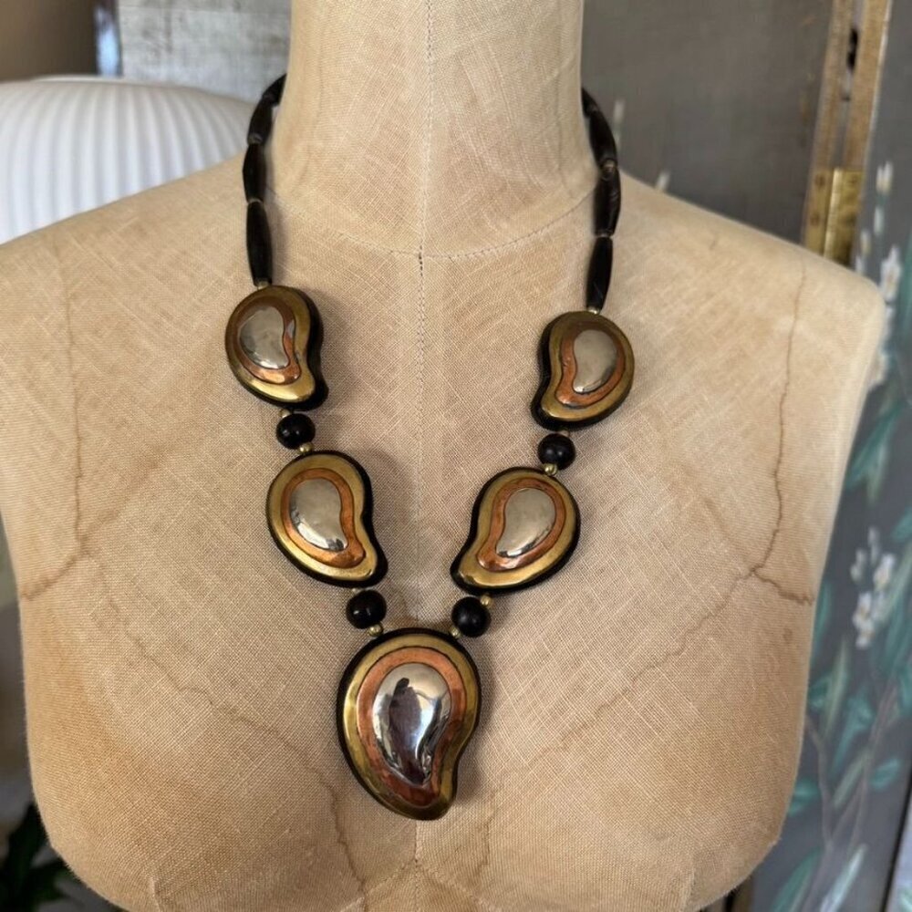 Brutalist Horn Beads with Silver Copper Brass Paisley Accent Beads Necklace